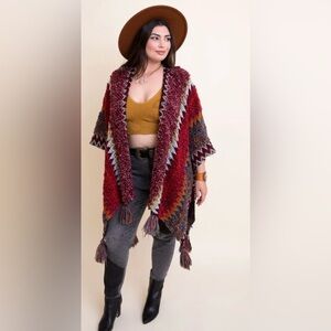 Multicolor Maroon  Knit Ruana Kimono poncho w/Tassels OS 🌺🌹🌸 BG 08